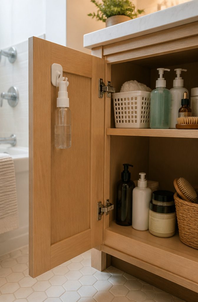 An adhesive hook on a cabinet door holding a small spray bottle.