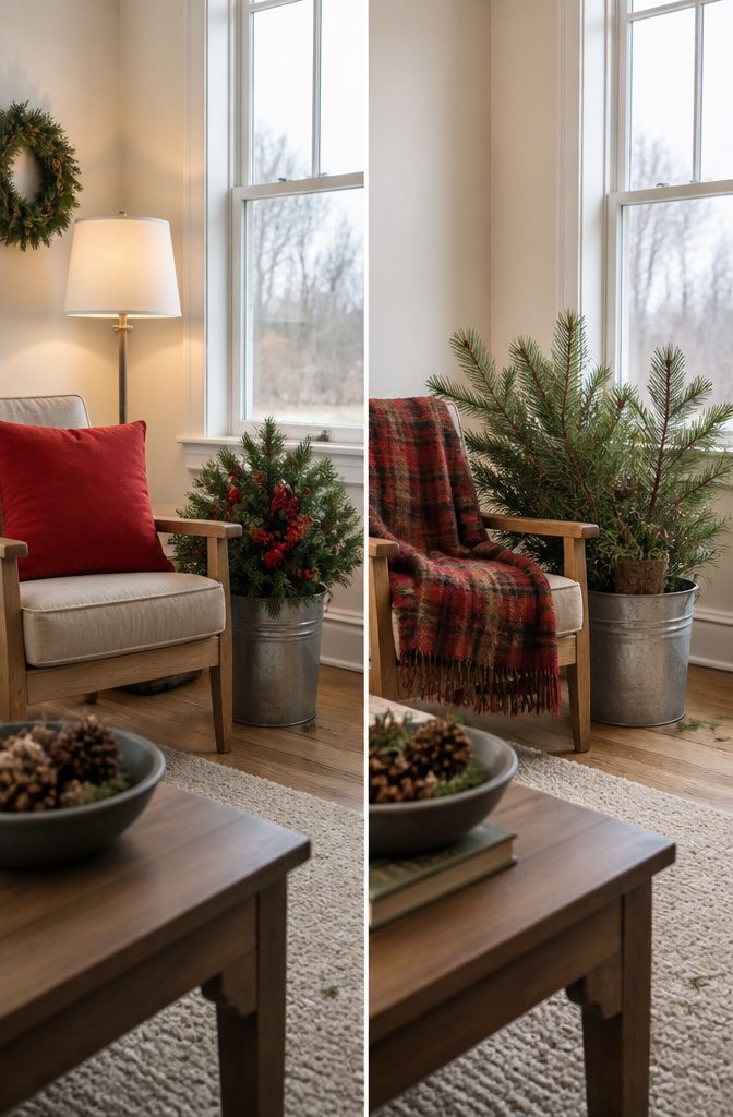 18 Ways to Decorate a House for Christmas 20 Christmas display with pine branches red check fabric and warm wood