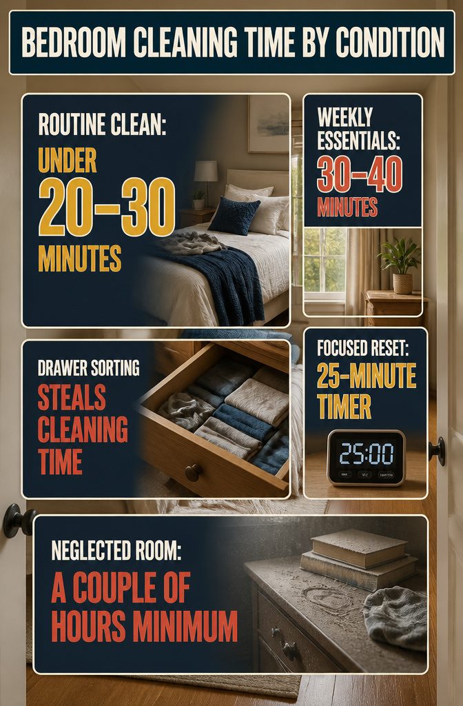 How to Clean Your Room: 6 Steps to a Spotless Bedroom 8 Bedroom Cleaning Time by Condition information graphic