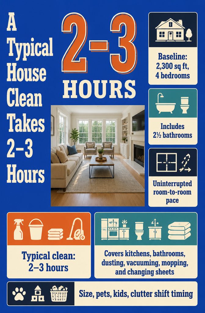 Home cleaning time graphic with a typical duration