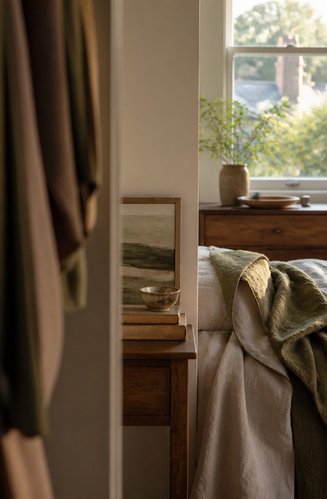 Bedside table with abstract landscape print, ceramic bowl, and three books