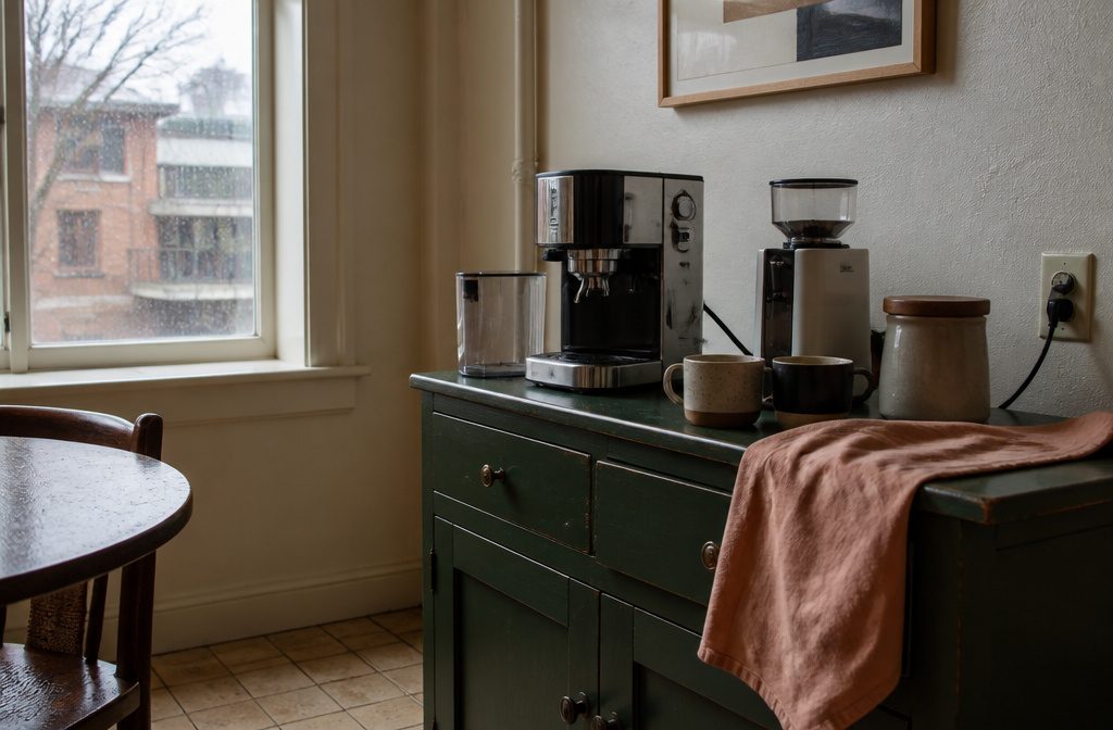 Home coffee bar with a coffee maker, mugs, and supplies on a counter