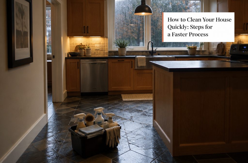 Cleaning caddy with spray bottles, cloths, and household cleaning tools