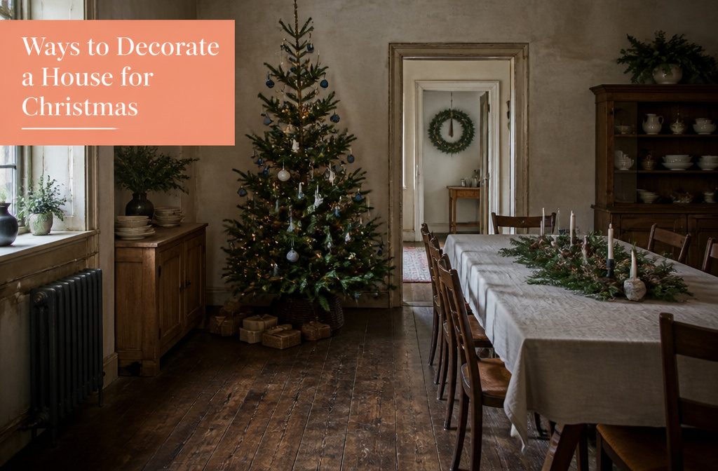 Evergreen branches and warm lights decorating a living room for Christmas