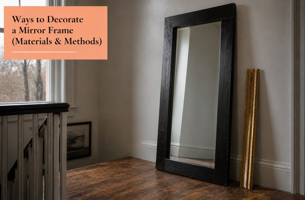 Decorated mirror hanging on a wall with a textured frame and room reflected in glass