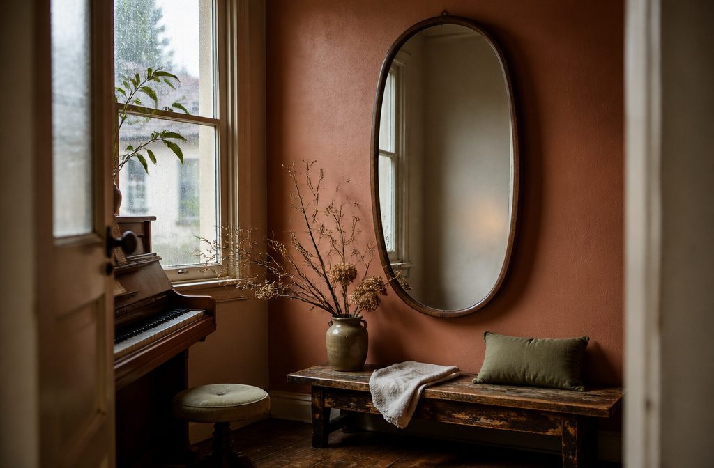 Round mirror with a natural frame reflecting a leafy view beside a bright window