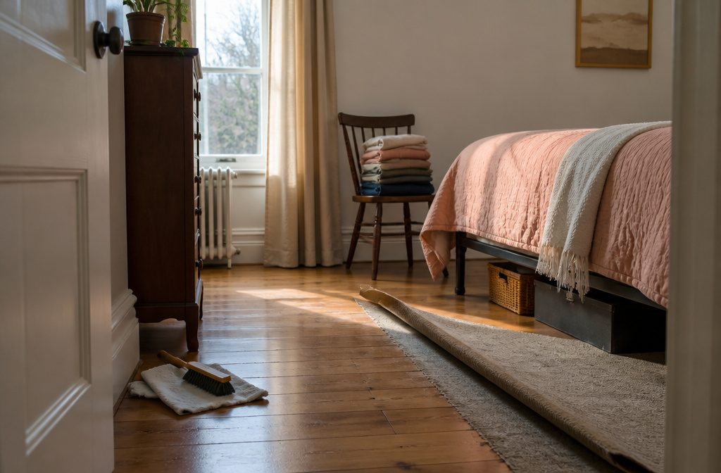 Neatly made bed in a tidy bedroom with curtains and furniture