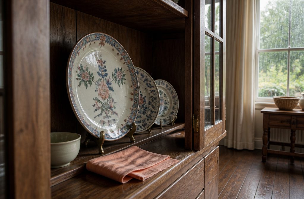 China cabinet with patterned plates, stacked bowls, and teacups behind glass