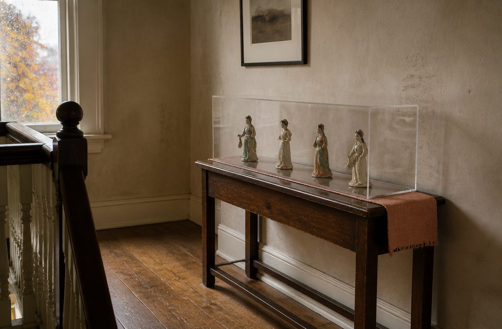 Figurines arranged on raised shelves inside a glass display cabinet