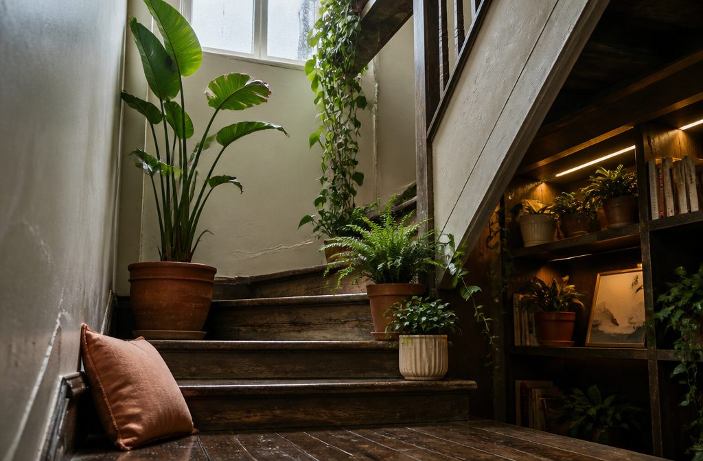 Leafy potted plant in a bright indoor corner beside a window
