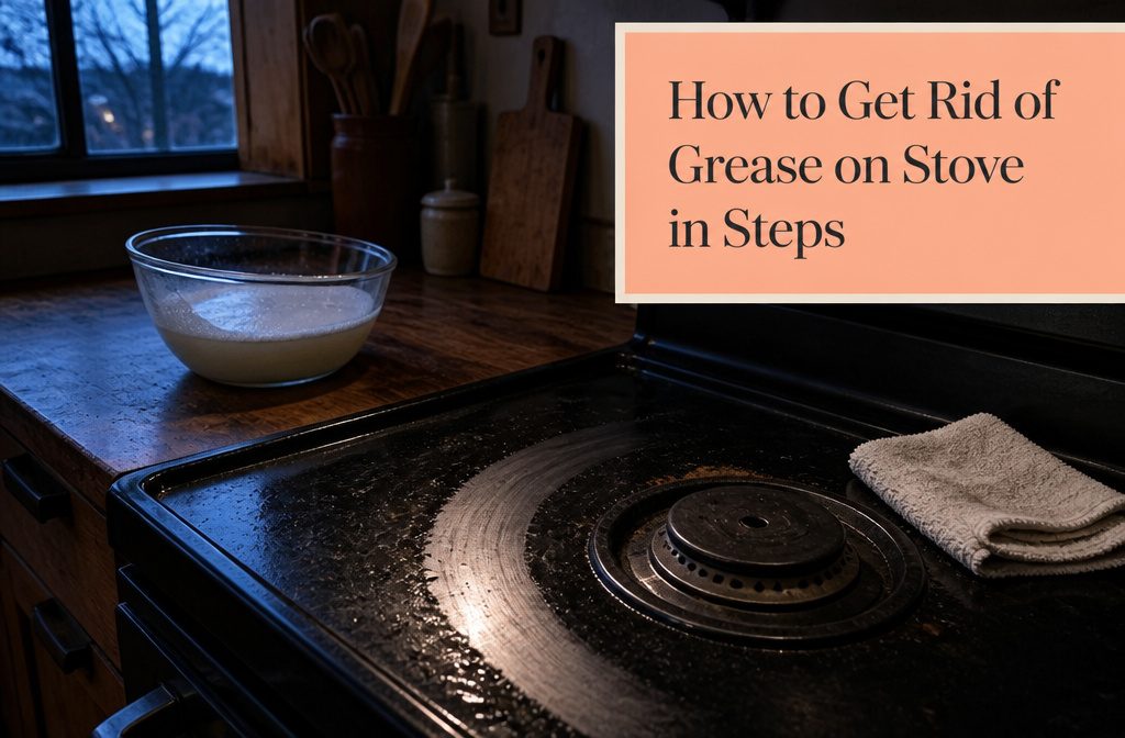 Stovetop with dark grates, drip pans, a damp cloth and plastic scraper