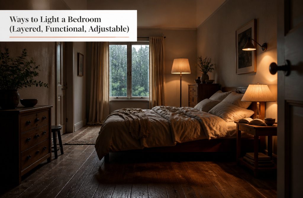 Bedroom with a ceiling fixture and bedside lamps casting light at different heights