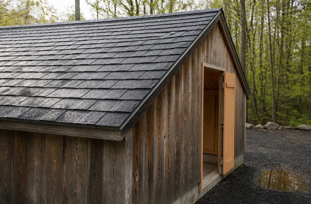 Backyard shed with brown stained siding green window frames and a gravel apron