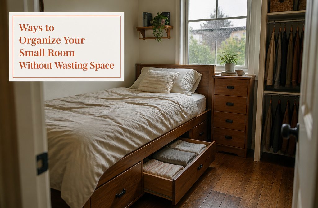 Small bedroom with a neatly made bed and compact storage furniture