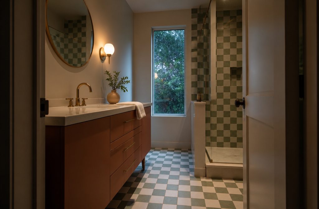 Floating vanity beside pale stone surfaces and a clear glass shower panel