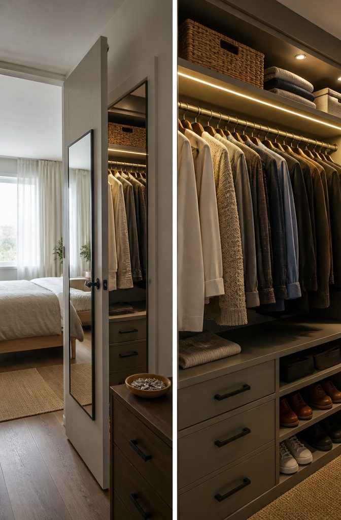 How to Make More Closet Space: 12 Methods That Work 12 Closet with LED shelf lights and mirror mounted on inside door