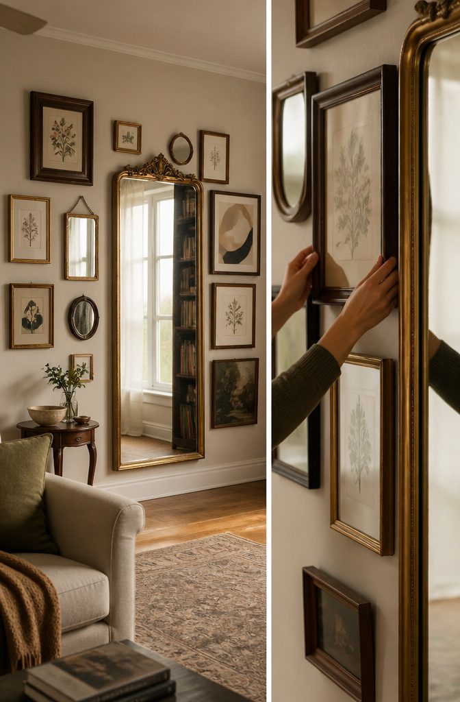 10 Ways to Decorate a Full Length Mirror in Any Room 7 Full-length mirror grouped with framed artwork and smaller mirrors