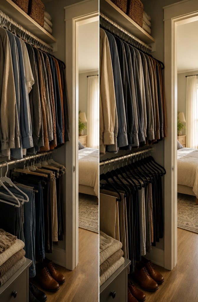 How to Make More Closet Space: 12 Methods That Work 4 Closet rod with slim velvet hangers holding shirts and jackets