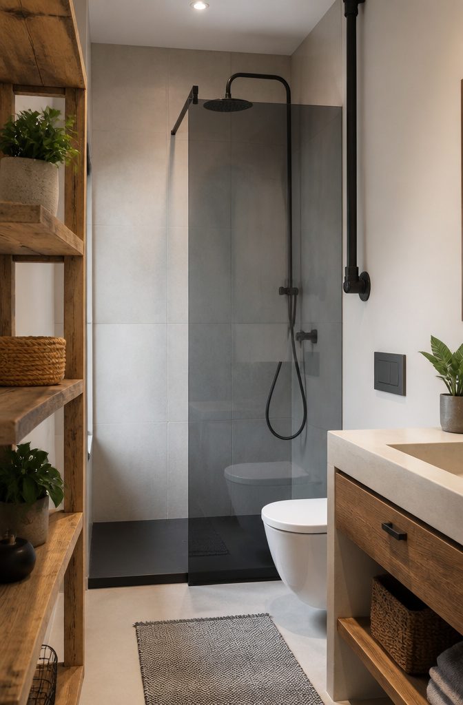 10 Small Bathroom Shower Ideas for 2026 Renovations 15 An industrial-style bathroom with matte black fixtures and a tinted shower screen.