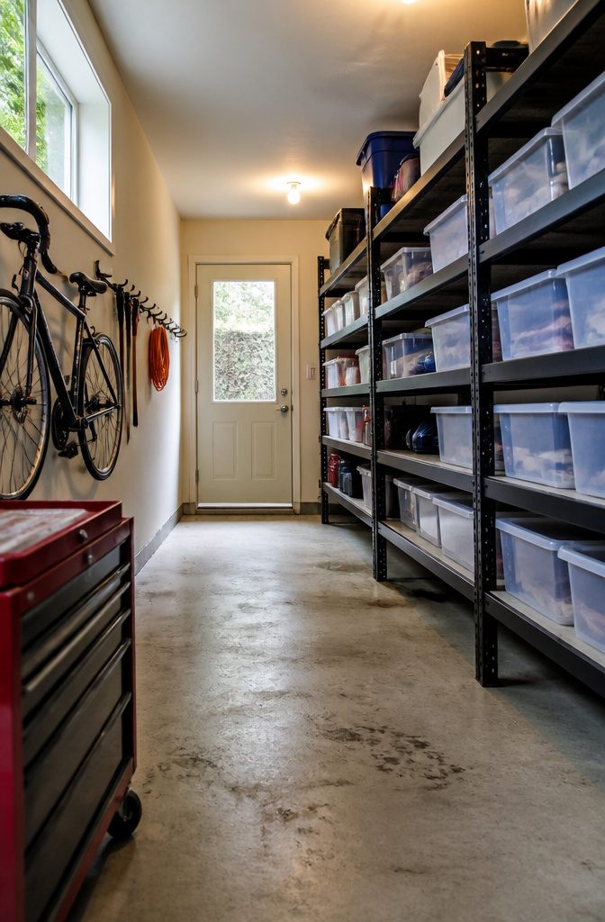 How to Organize Storage Areas in 8 Steps 7 Metal garage shelving with clear bins and wall hooks holding a bicycle and extension cord
