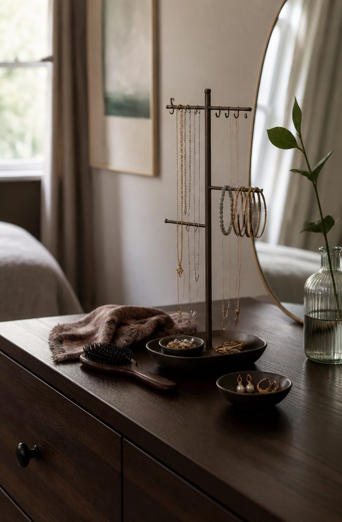 How to Display Trinkets: 18 Ideas for Every Space 10 Freestanding jewelry stand with necklaces hooks and shallow dish