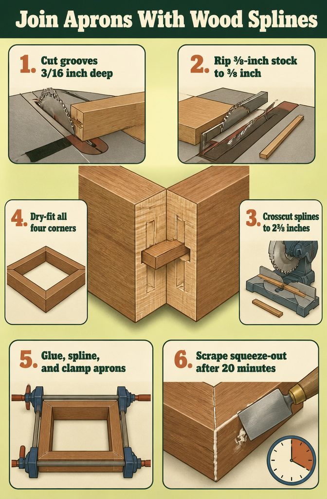 Wood splines fitted into mitered table apron joints with bar clamps