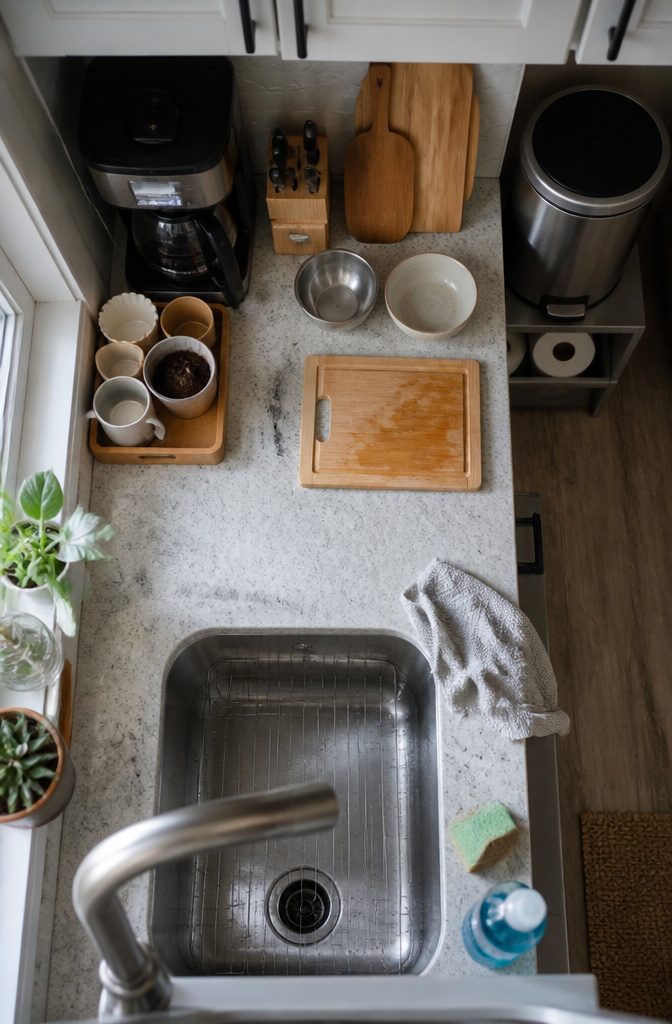 12 Ways to Organize a Small Kitchen That Actually Work 3 Kitchen counter with mugs, coffee supplies, and cooking tools grouped nearby
