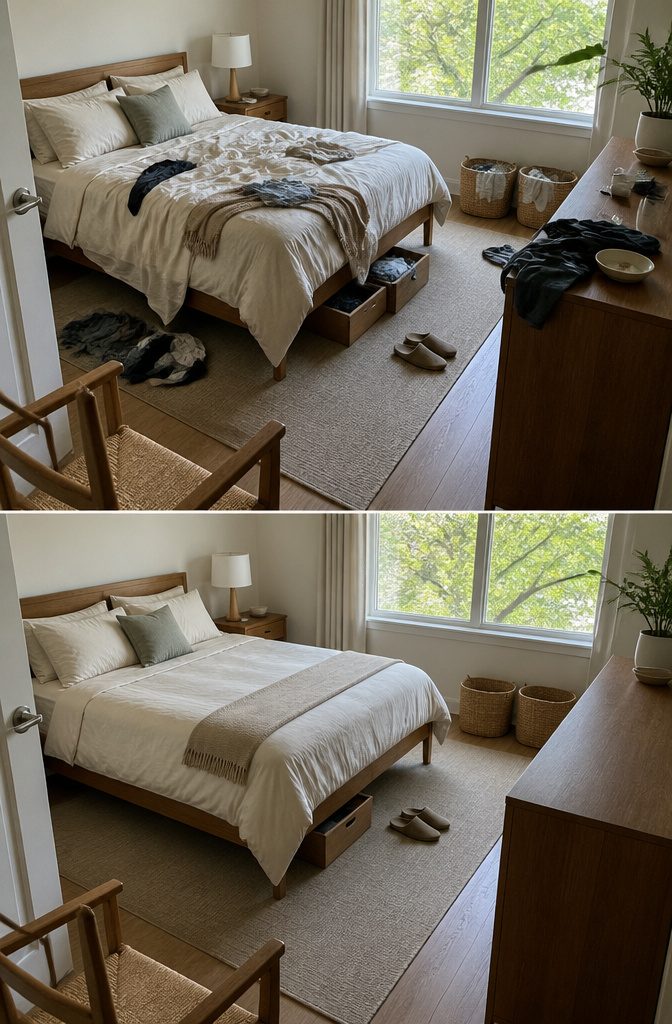 Tidy bedroom with clear nightstand, storage baskets, and uncluttered surfaces