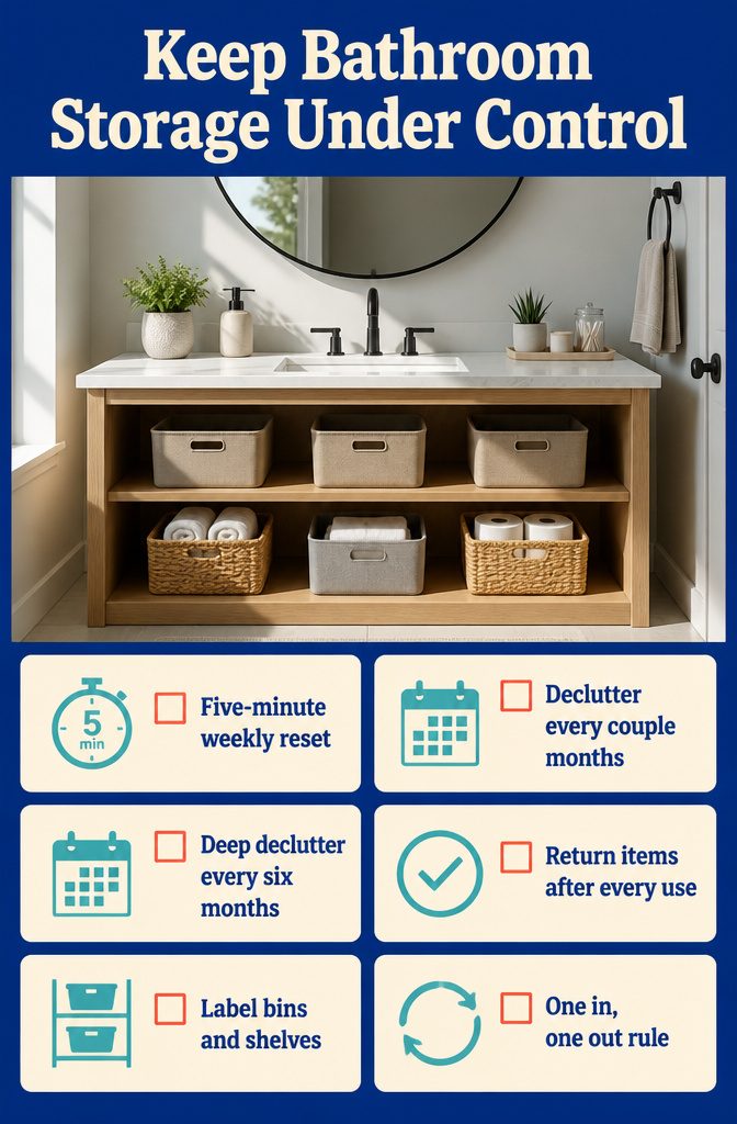 15 Ways to Organize a Small Bathroom Without Wasting Space 17 Bathroom storage bin with labels beside neatly arranged toiletries on a shelf