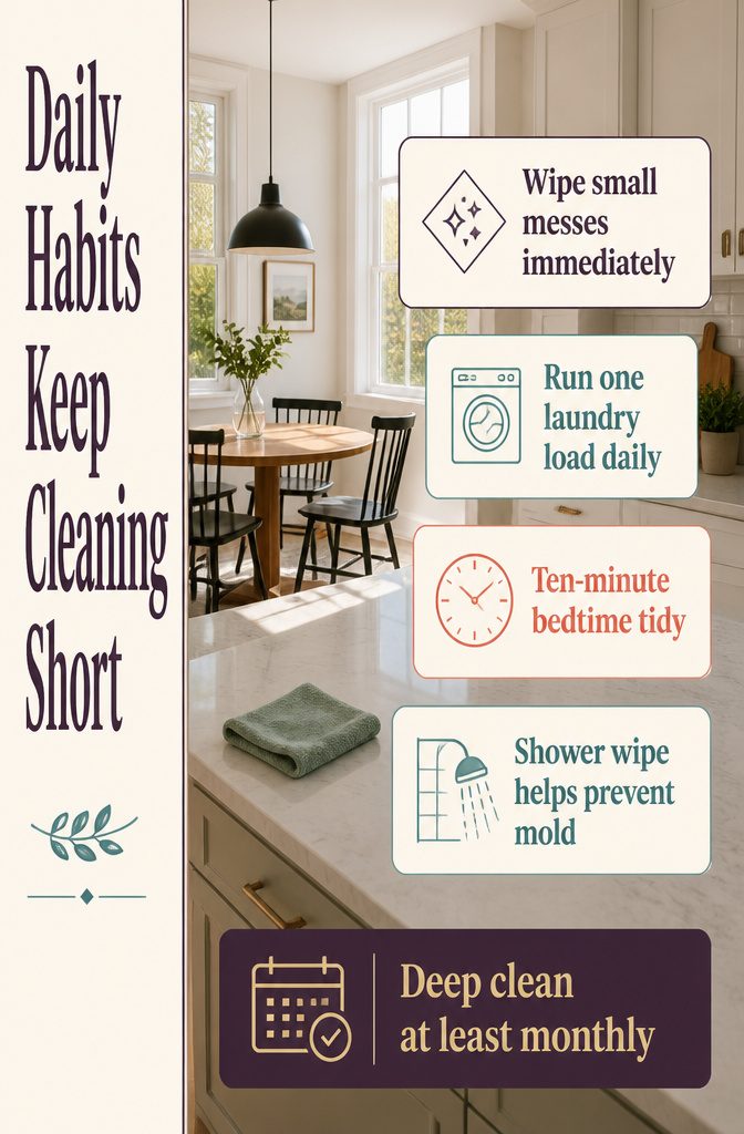 How to Clean Fast: 6 Steps to Speed Through the Whole House 8 Home cleaning habits infographic with simple daily tasks