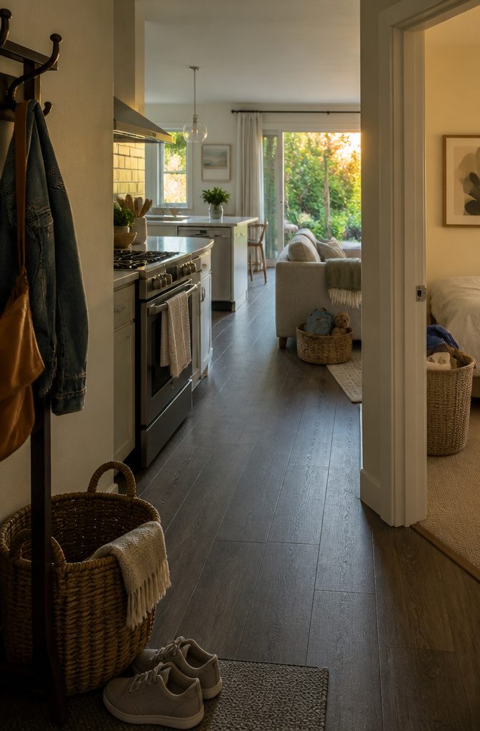 Entry shoes, living-room basket, bedroom hamper, and clear kitchen counter