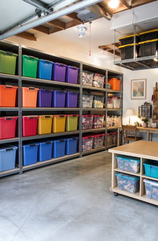 6 Efficient Storage Ideas to Declutter Any Room in 2026 8 Brightly colored bins organized on a gray shelving unit.