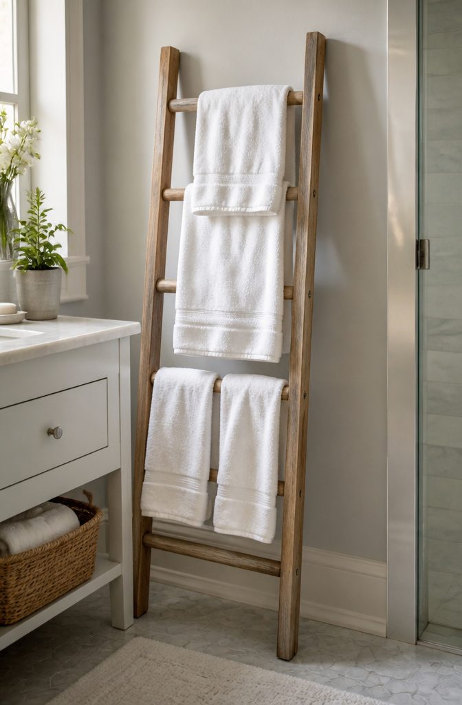 Leaning ladder rack with towels draped over its rungs