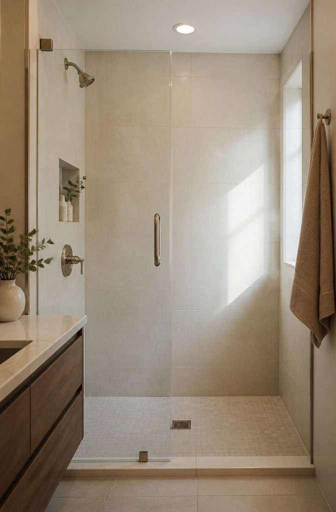 10 Small Bathroom Shower Ideas for 2026 Renovations 10 Large format tiles dominate the back wall of a small shower.