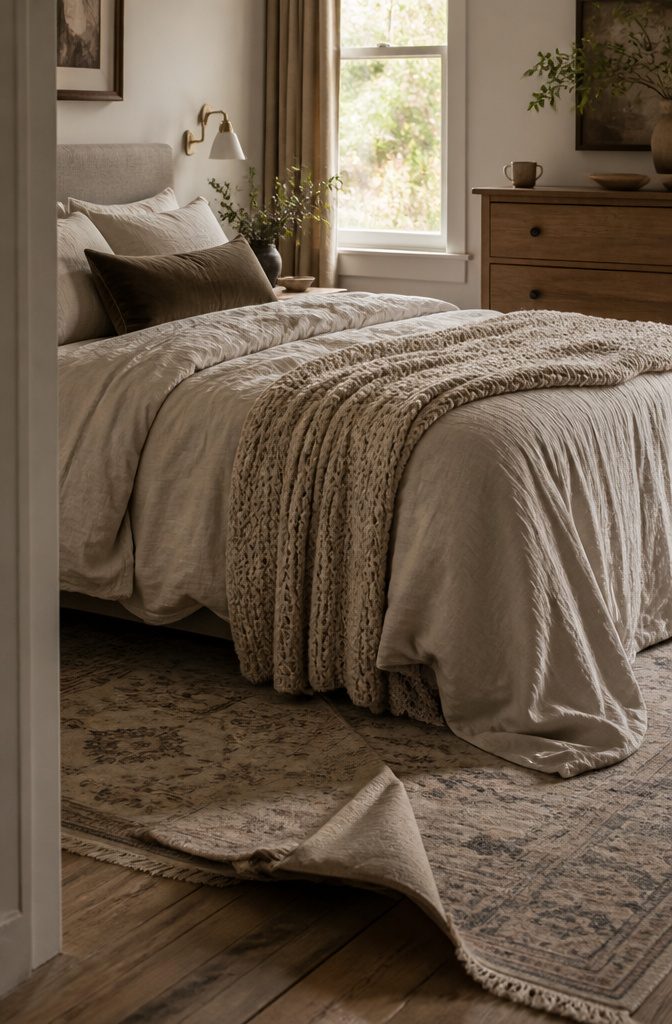 Rumpled bed with linen duvet, velvet lumbar pillow, cotton quilt, and chunky knit throw