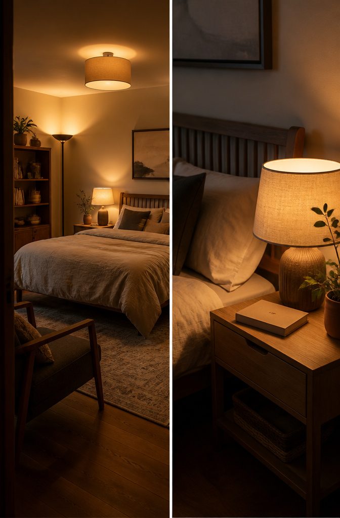 Bedroom with ceiling lighting and lower lamps illuminating separate parts of the room
