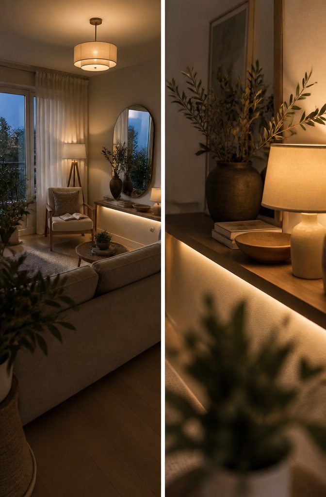 15 Ways to Decorate Small Apartments That Feel Open 5 Small apartment room with a ceiling fixture floor lamp and accent lighting