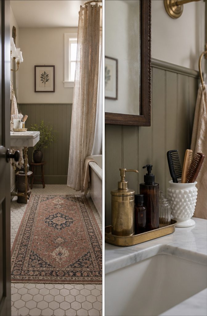 Persian-style rug on bathroom floor beside a patterned fabric shower curtain