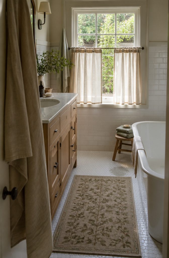Bathroom window with linen cafe curtains cotton towels and wool rug