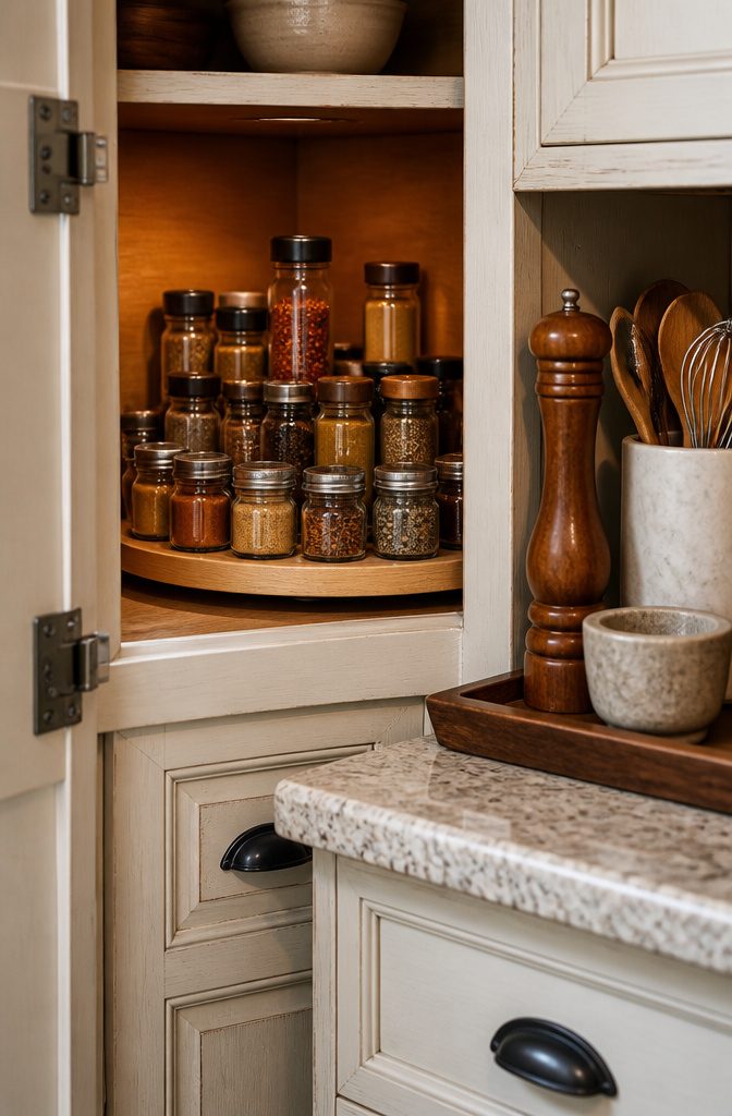 A Lazy Susan with spice jars in a corner cabinet.