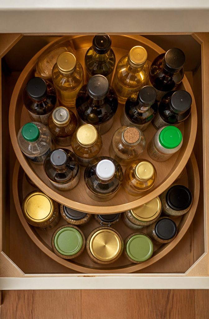 A lazy Susan in a corner cabinet storing various kitchen items.