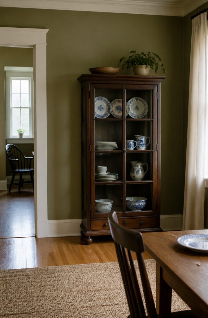 Dishes spaced apart on china cabinet shelves with clear room between pieces
