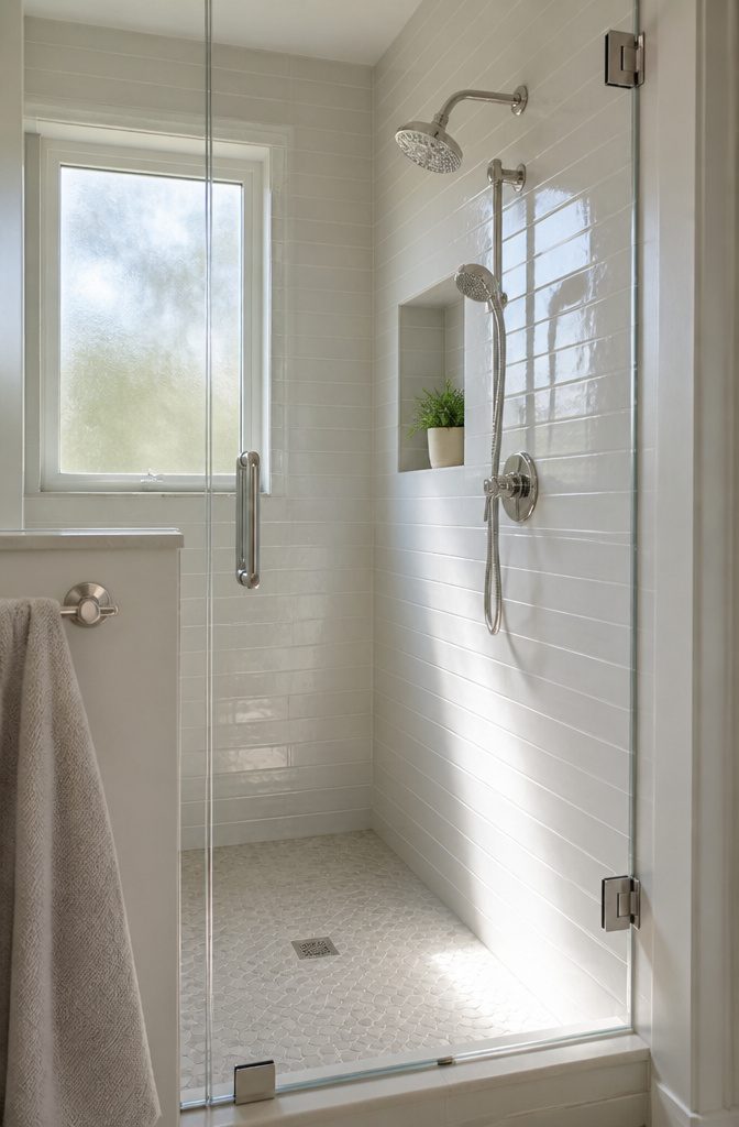 10 Small Bathroom Shower Ideas for 2026 Renovations 5 A small shower with light-colored tiles and a frosted window for light.