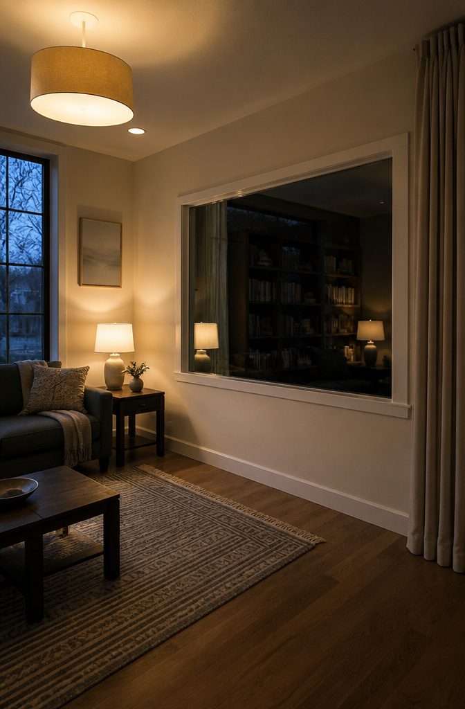 Bright observer room facing a dim space through one-sided mirror glass