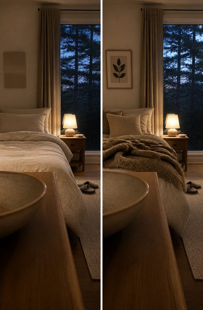 Bedroom with bed, nightstand, soft lamp, and no visible electronics