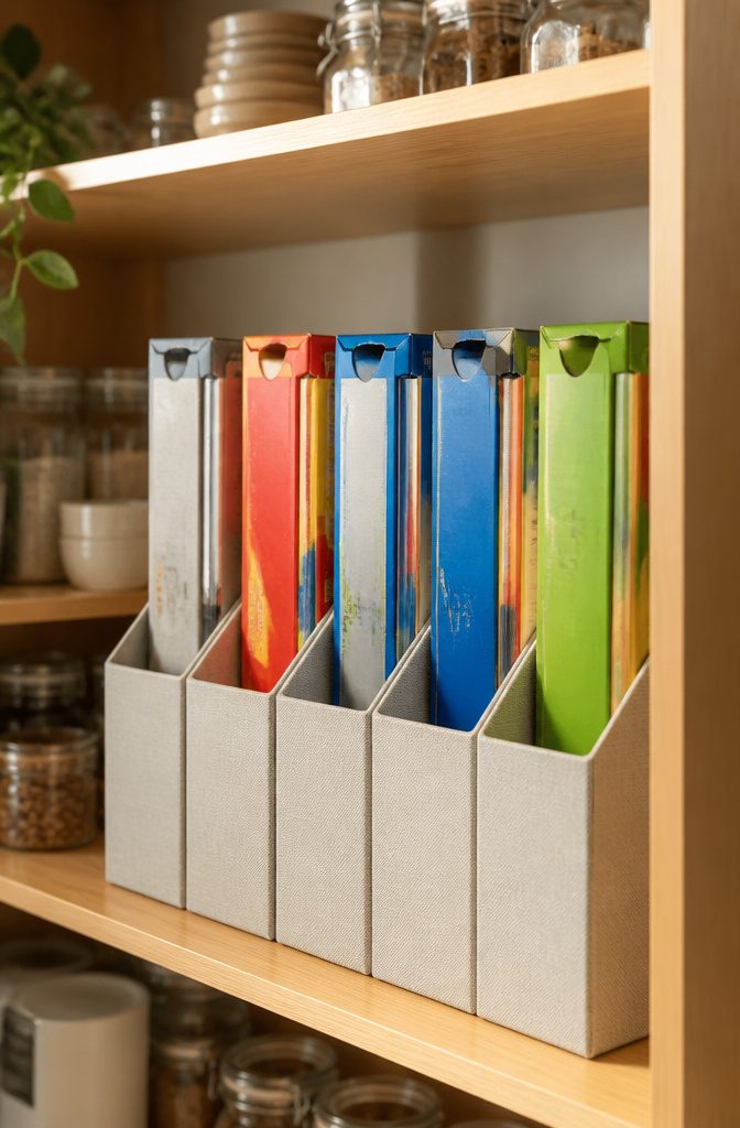 10 Plastic Wrap Storage Ideas for Organized Kitchens in 2026 8 A magazine holder containing upright boxes of plastic wrap and foil.