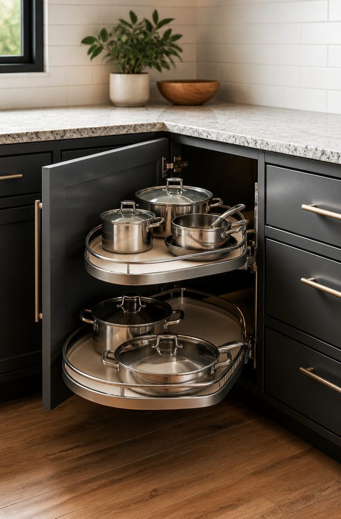 11 End Corner Kitchen Cabinet Ideas That Maximize Space 3 A magic corner pull-out storage system displaying organized pots and pans.