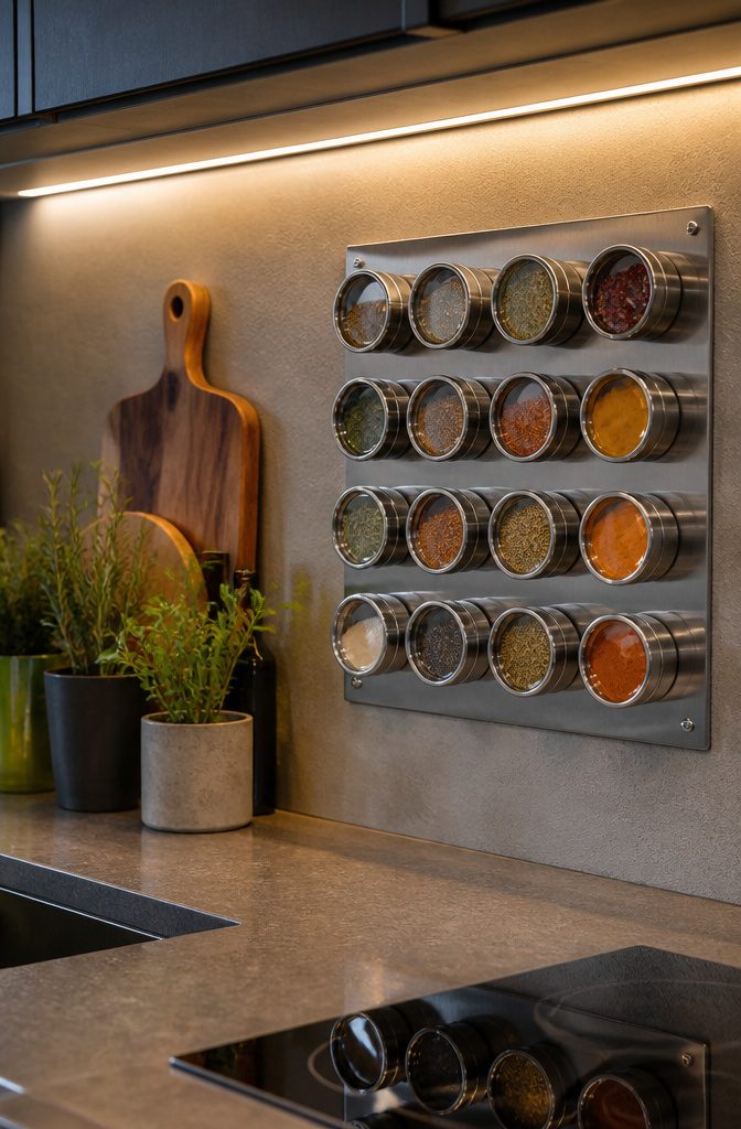 Magnetic spice jars on a metal board near a countertop.