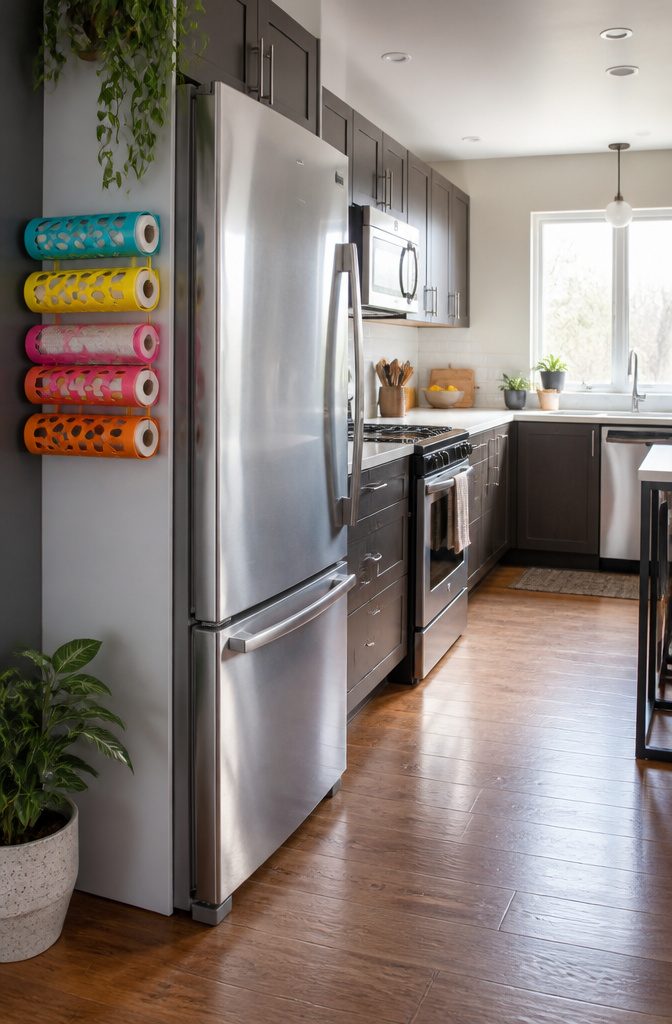 10 Plastic Wrap Storage Ideas for Organized Kitchens in 2026 11 A magnetic wrap holder mounted on the side of a refrigerator.