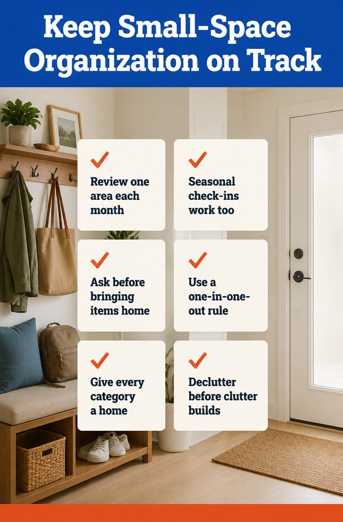 10 Ways to Organize Small Spaces That Actually Work 10 Home organization checklist graphic with a title and short task list